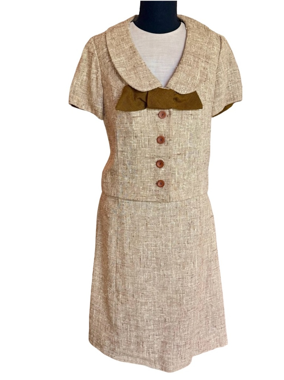 Vintage 1960s Sue Brett Tweed Style Dress and Jacket with Bow Size 6 Mod
